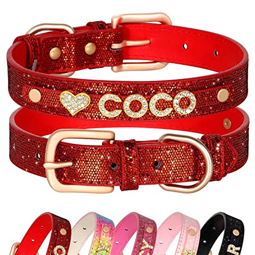Didog Personalisierte Glitzer-Hundehalsbänder, PU-Leder, benutzerdefinierte Hundehalsbänder mit glitzernden Strasssteinen, Haustiername für kleine, mittelgroße Hunde und Katzen, Rot, S von Didog