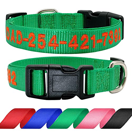 Didog Personalisiertes Besticktes Hundehalsband mit Namen und Telefonnummer, personalisierbares Hundehalsband für kleine, mittelgroße und große Hunde, grünes Halsband, orangefarbener Faden von Didog
