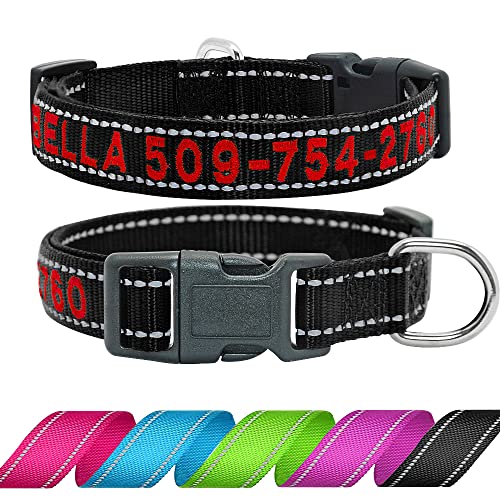 Didog Personalisiertes Besticktes Hundehalsband mit Namen und Telefonnummer, reflektierendes Hundehalsband für kleine, mittelgroße und große Hunde, schwarzes Halsband, roter Faden von Didog