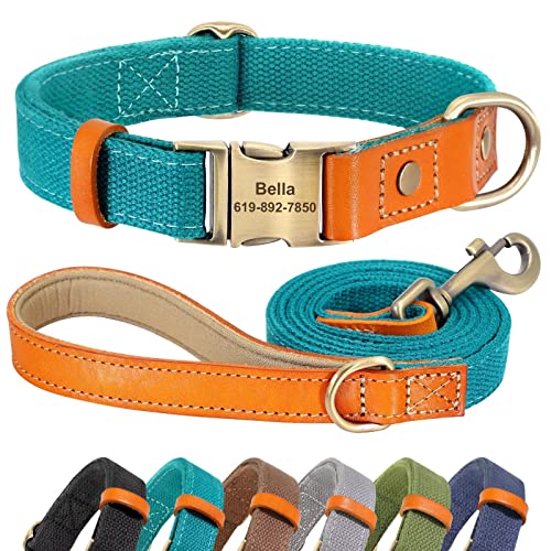 Didog Personalisiertes Hundehalsband und 1,5 m Leine Set für kleine, mittelgroße und große Hunde, langlebige Hundehalsbänder, verstellbar mit gravierter Metallschnalle, blaugrün, Größe L von Didog