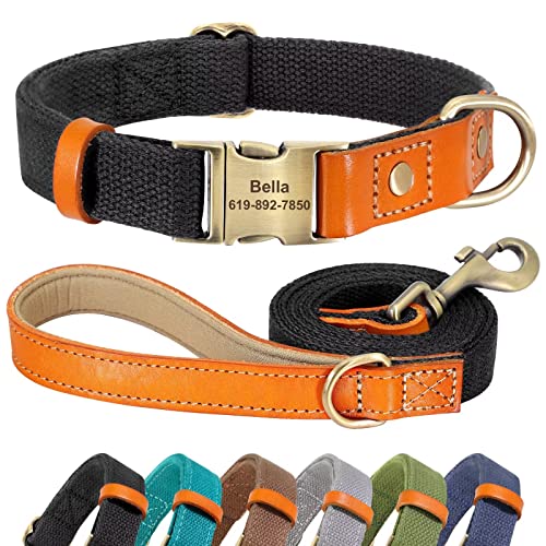 Didog Personalisiertes Hundehalsband und 1,5 m Leine Set für kleine, mittelgroße und große Hunde, langlebige Hundehalsbänder, verstellbar mit gravierter Metallschnalle, schwarz, Set-Custom, L von Didog