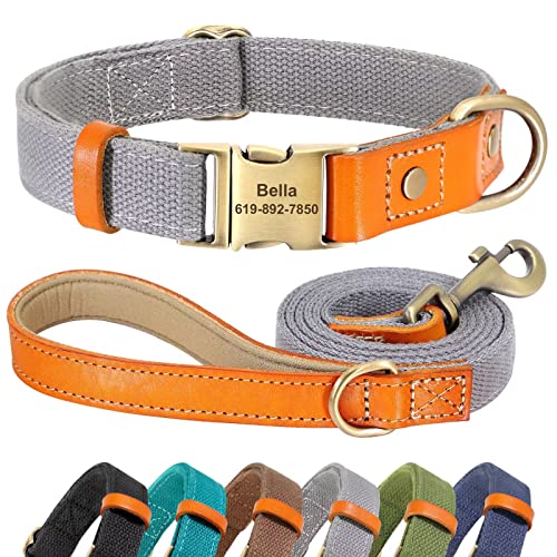 Didog Personalisiertes Hundehalsband und 1,5 m Leinen-Set für kleine, mittelgroße und große Hunde, langlebige Hundehalsbänder, verstellbar mit gravierter Metallschnalle, graues Set, Größe M von Didog