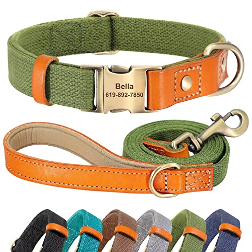 Didog Personalisiertes Hundehalsband und 1,5 m Leinen-Set für kleine, mittelgroße und große Hunde, langlebige Hundehalsbänder, verstellbar mit gravierter Metallschnalle, grünes Set, Größe M von Didog