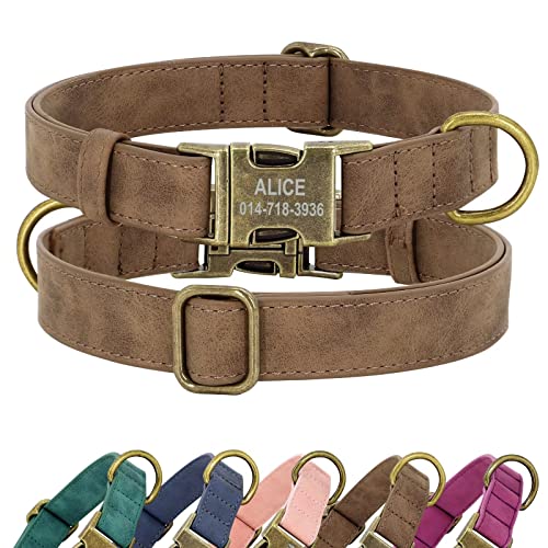 Didog Personalisiertes Leder-Hundehalsband, weiches langlebiges individuelles verstellbares Hundehalsband Namensschild Schnellverschluss-Metallschnalle für kleine, mittelgroße große Hunde, braun, XS von Didog