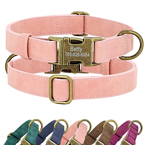 Didog Personalisiertes Leder-Hundehalsband, weiches langlebiges individuelles verstellbares Hundehalsband mit Namensschild Schnellverschluss-Metallschnalle für kleine, mittelgroße große Hunde, Rosa, M von Didog