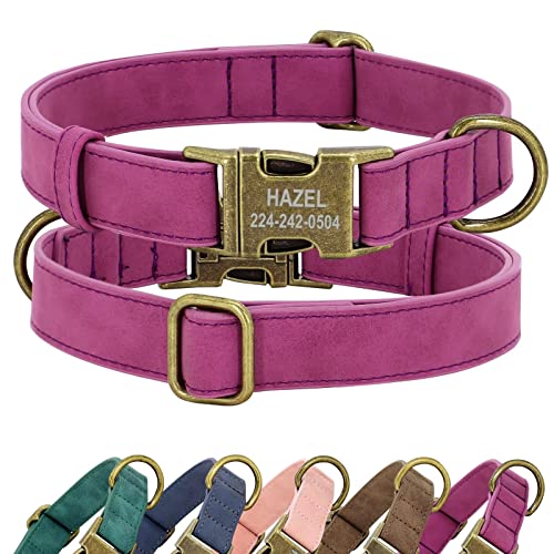 Didog Personalisiertes Leder-Hundehalsband, weiches langlebiges individuelles verstellbares Hundehalsband mit Namensschild Schnellverschluss-Metallschnalle für kleine, mittelgroße große Hunde, lila, M von Didog