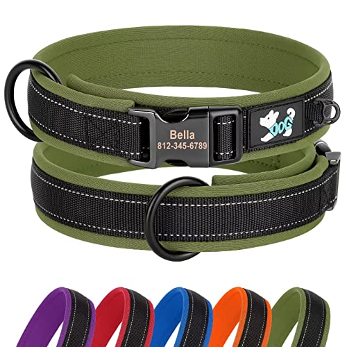 Didog Personalisiertes Nylon-Hundehalsband, Weich Neopren Gepolsterte Custom Hundehalsbänder, Reflektierendes Hundehalsband mit Gravur Namensschild für kleine, mittelgroße und große Hunde, Grün, XL von Didog