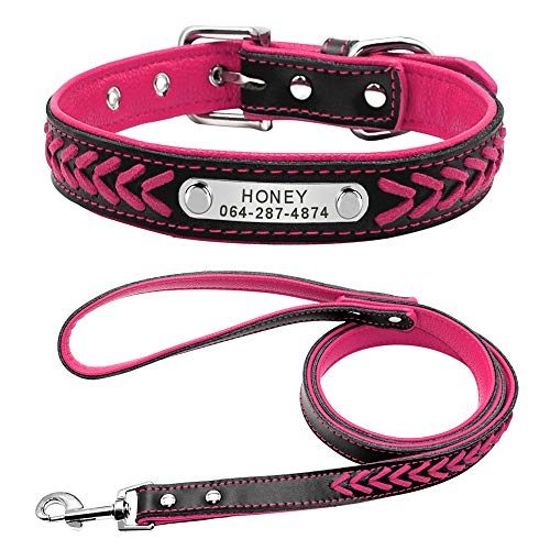 Didog Stilvolles, gepolstertes Hundehalsband und Leine, Leder, personalisierbar, für kleine und mittelgroße Hunde und Katzen, Hot Pink, Größe L von Didog