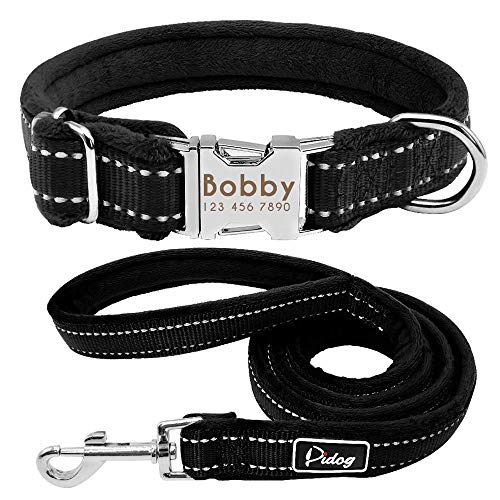 Didog Weich gepolstertes Hundehalsband und Leine, Flanell-gepolstertes Hundehalsband-Set, reflektierendes Halsband mit Gravur, mit 122 cm Langer Leine, schwarz, große Größe von Didog