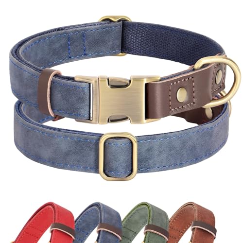 Didog Weiches gepolstertes Lederhalsband für große Hunde, klassisches Hundehalsband mit Metall-Schnellverschluss, verstellbar, großformatig, Kunstleder, Blau, M von Didog