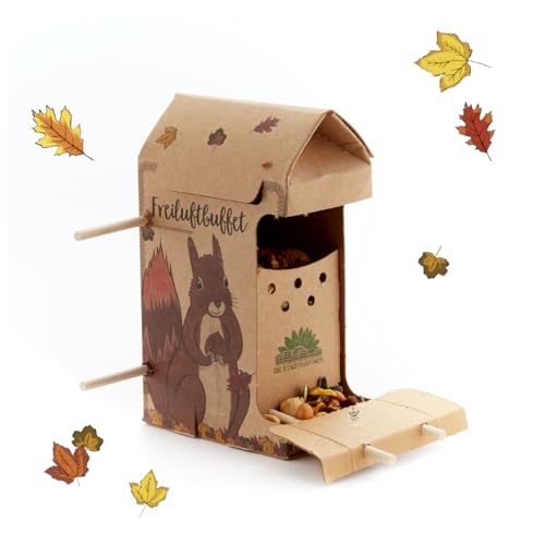 Die Stadtgärtner – Freiluftbuffet für Eichhörnchen I Wetterfeste Futterstation aus Naturkarton mit Schnur & Holzstäben zur Befestigung sowie 200g Eichhörnchenfutter von Die Stadtgärtner