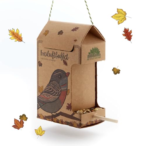 Die Stadtgärtner – Freiluftbuffet für Vögel I Futterstation I Wetterfestes Vogelfutterhaus zum Aufhängen aus Naturkarton Mit Holz-Sitzstange & 200g Hochwertiges Futter von Die Stadtgärtner