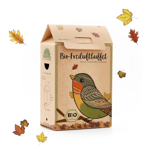Die Stadtgärtner – Freiluftbuffet für Vögel I Futterstation I Wetterfestes Vogelfutterhaus zum Aufhängen aus Naturkarton Mit Holz-Sitzstange & 200g BIO Futter von Die Stadtgärtner