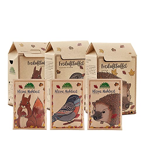 Die Stadtgärtner – Geschenkset Tierfutter I Mit Freiluftbuffet + kleine Mahlzeit für Vögel, Igel & Eichhörnchen I Futterstationen mit 200g artgerechter Tiernahrung & je eine kleine Mahlzeit von Die Stadtgärtner