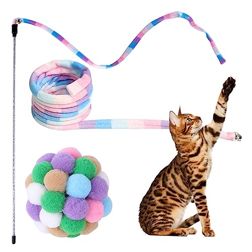 Dificato Rainbow Wand Katzenspielzeug – Regenbogenband Charmer Kit Katzenspielzeug Zauberstab | Interaktives Schnurspielzeug mit Ball sicher und bunt für Indoor-Katzen und Kätzchen von Dificato