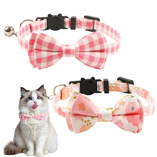 Katzenhalsband mit Fliege, 2 Stück, rosa Katzenhalsband mit Glöckchen, Schnellverschluss, Sicherheitshalsbänder für Kätzchen, einfarbig, kariert, Katzenhalsband mit Schleife, verstellbar für Kätzchen, von Difistik