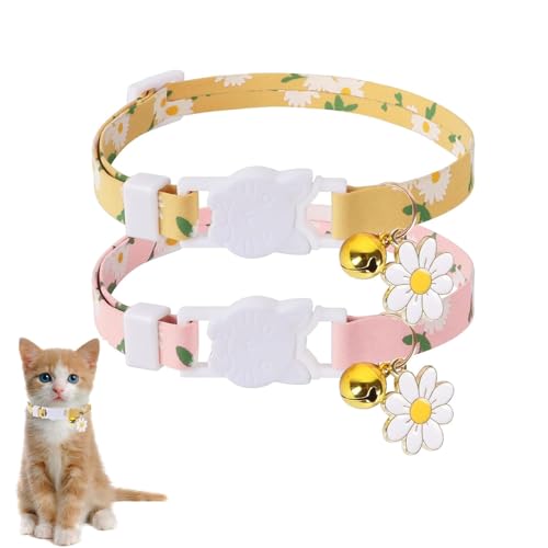 Katzenhalsband mit Glöckchen, verstellbares Katzenhalsband, niedliches Gänseblümchen-Stil, mit Schnellverschluss-Schnalle, Breakaway-Kätzchenhalsband, für Mädchen, Jungen, Katzen, 2 Stück Katzenhalsband mit Glöckchen, verstellbares Katzenhalsband, niedliches Gänseblümchen-Stil, mit Schnellverschluss-Schnalle, Breakaway-Kätzchenhalsband, für Mädchen, Jungen, Katzen, 2 Stück von Difistik