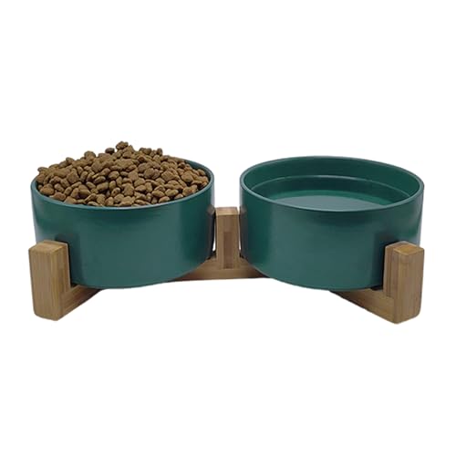 Diiouogs Keramik-Hunden- und Katzennäpfe mit Holzständer, rutschfestes Futter- und Wasser-Set für Haustiere, Futternapf und Wassernapf, perfekte Wahl (grün, 2 x 813 ml) von Diiouogs