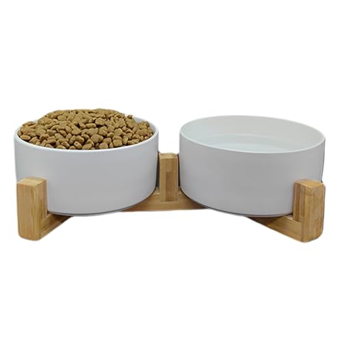 Diiouogs Keramik-Hunden- und Katzennäpfe mit Holzständer, rutschfestes Futter- und Wasser-Set für Haustiere, Futternapf und Wassernapf, perfekte Wahl (weiß, 2 x 813 ml) von Diiouogs