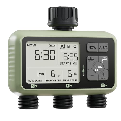 Diivoo Bewässerungscomputer 3 Ausgänge, Bewässerungssystem Garten 3 Abgänge für Gartenschlauch, Automatischer Bewässerungstimer IPX5 mit Regenverzögerung und Manuell/Auto Funktion von Diivoo