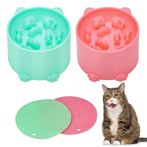 2 Stück Slow Feeder Futternapf Katze, Anti Schling Napf Katzen Erhöht, Antischlingnapf Mit Anti Rutsch Matte, Feeder Mit Anti Rutsch Matte, Slow Feeder Katzen Napf, für Katzen Und Kleine Hunde von Dilireba