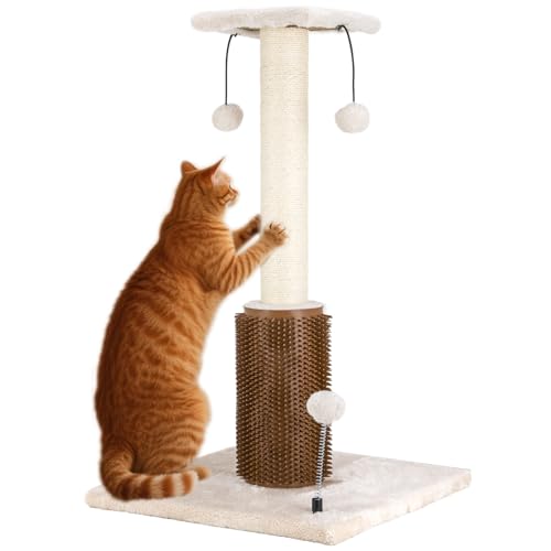 Dimaka 68,6 cm hoher Katzenkratzbaum, Plüsch-Sitzstange oben und unten, weiche Bürste, vertikale Sisalseil-Kratzbäume mit Bällen für Indoor-Katzen und Kätzchen (Beige) von Dimaka