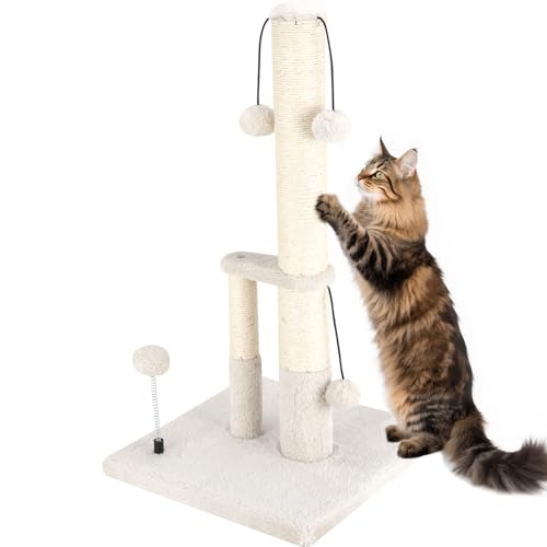 Dimaka Kratzbaum hoch, doppelte untere Pfosten, extra stabiler Katzenbaum Kratzbaum mit Sisalseil und Teasingbällen, insgesamt 4 Bälle große Basis (Beige) von Dimaka