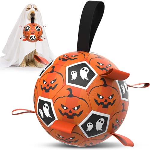 Diman Hunde-Fußball mit Riemen, Halloween-Hundespielzeug, Haustierspielzeug, Bälle für mittelgroße und große Haustiere, Geburtstagsgeschenk, interaktives Hundespielzeug zum Tauziehen (17,8 cm) von Diman
