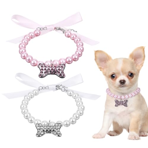 Dimeho 2 x Hundeperlen-Halskette mit Strasssteinen und Knochen, niedliches Haustierhalsband, Halskette, glitzernd, ausgefallene Katze, Hochzeitshalsband, Schmuck für Hunde, Katzen, Welpen, Kätzchen von Dimeho