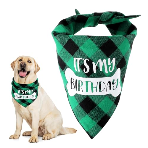 Dimeho Haustier-Hundehalstuch, Hundegeburtstagshalstuch, Grün Kariertes Bedrucktes „It’s My Birthday“, Dreieckiges Hundehalstuch, Weiches Hundegeburtstagsparty-Zubehör für kleine bis große Hunde von Dimeho