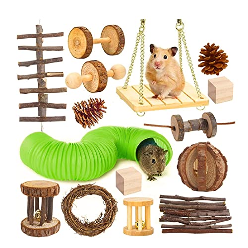 Ding&ng Hamster Kauspielzeug, 15-teilig, Naturholz-Zähnepflege Backenzahnspielzeug, Schaukel, Schubkarre, Hantel, geeignet für Kleintiere von Ding&ng
