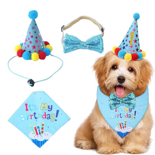 Dinghaole Hund Geburtstag Bandana Set, mit süßem Hut und Fliege, Hund Geburtstag Party Zubehör, für Katzen- und Hundedekoration, Hundegeburtstagsparty für Welpenkatzenhaustie Dinghaole Hund Geburtstag Bandana Set, mit süßem Hut und Fliege, Hund Geburtstag Party Zubehör, für Katzen- und Hundedekoration, Hundegeburtstagsparty für Welpenkatzenhaustie von Dinghaole