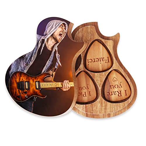 Dinikally hölzerne Gitarrenpicks, personalisierte Pickbox mit DREI geschnitzten Picks, Geschenk des Freundgitarristen (sty2) von Dinikally