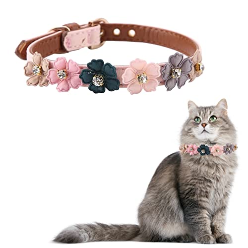 Dioche Blumendekoration Haustier Halskette, verstellbares Pu Leder Hund Katze Welpen Halsband für Haustier Katzen, kleine und mittlere Hunde(1.3 * 34cm-Rosa) von Dioche