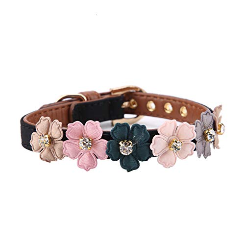 Dioche Blumendekoration Haustier Halskette, verstellbares Pu Leder Hund Katze Welpen Halsband für Haustier Katzen, kleine und mittlere Hunde(1.3 * 42cm-Schwarz) von Dioche