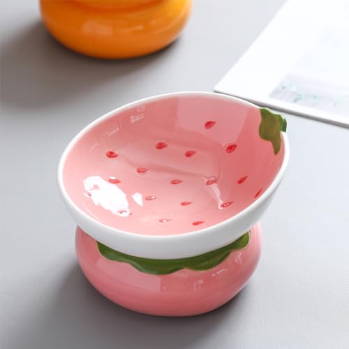 Diskary Katzennapf,Futternapf Katze Erhöht Fressnapf Katze mit Neigung Design,Futternapf Katze Keramik,Wassernapf Katze,perfekt für Katzen,Welpen und kleine Hunde (Erdbeere 15°) von Diskary