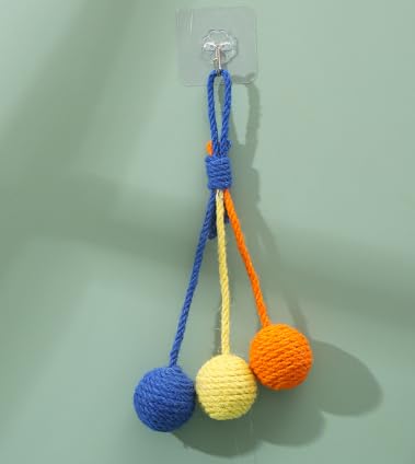 Disnace Sisalball Katzenspielzeug, Hängender Sisal-Katzenball, Hängendes Katzenspielzeug Bälle, Haustier Kratzball, Katzenspielzeugs Ball mit Glöckchen für Indoor-Katzen (Orange, Gelb, Blau) von Disnace