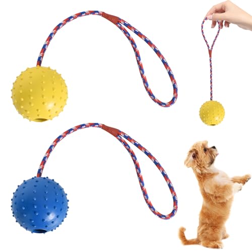 Naturgummiball Seil,Ball Mit Seil Hundespielzeug-Gelb & Blau - Empfindliche Farben Für Hunde,Ball Mit Seil Welpe,Wurfball Hund,Ball Mit Schnur Hund,Welpenspielzeug Hund,Haustier Ball (ø 7 X 30) von Disnace