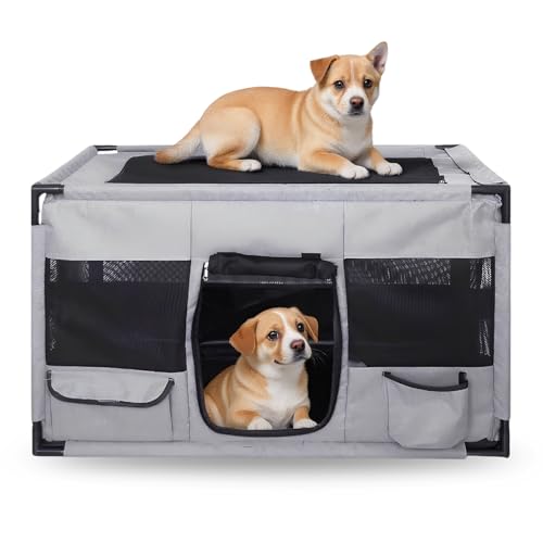Welpenlaufstall Drinnen draußen Welpenauslauf Hunde-Käfig Oxford-Gewebe Extra Groß Tragbar Tier-Laufstall Kleintier Katzen Freigehege Rahmen, Hund Laufgitter mit PVC-Rohr, 100 * 58 * 58cm, Grau von Disnace
