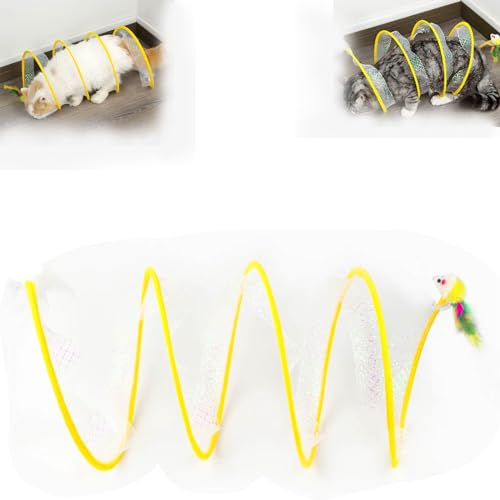 Selbstspielendes Katzenjagd-Spiraltunnelspielzeug, Katzenspiraltunnelspielzeug, faltbares Tunnelkatzenspielzeug, zusammenklappbares Katzenfederspielzeug aus Metall mit Nylonnetz (Color : Yellow) von Distrainar