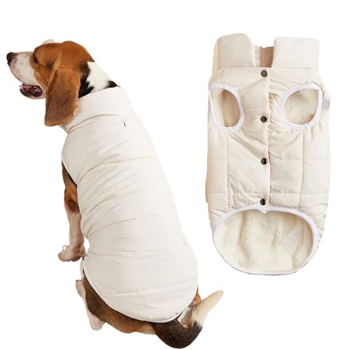 2-lagige Fleece-gefütterte, winddichte Hundejacke, weicher Thermo-Hundemantel für kaltes Wetter mit verstellbaren Trägern, warmer Wintermantel für kleine Hunde und Welpen (Weiß, Größe L) von Dixacyer