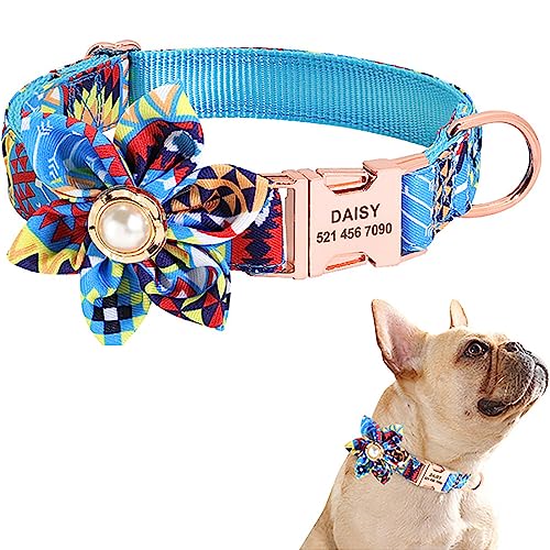 Hundehalsband für Hündinnen, verstellbares Blumenmuster mit Gravur, 4. Juli, Haustier-Halsbänder mit personalisierter Schnalle für kleine, mittelgroße und große Hunde (Blau, Größe M: 2,0 x 50 cm) von Dixacyer