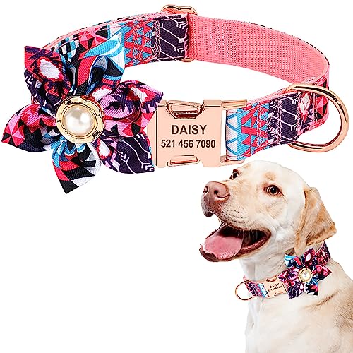 Hundehalsband für Hündinnen, verstellbares Blumenmuster mit Gravur, 4. Juli, Haustier-Halsbänder mit personalisierter Schnalle für kleine, mittelgroße und große Hunde (Lila, M: 2,0 x 50 cm) von Dixacyer