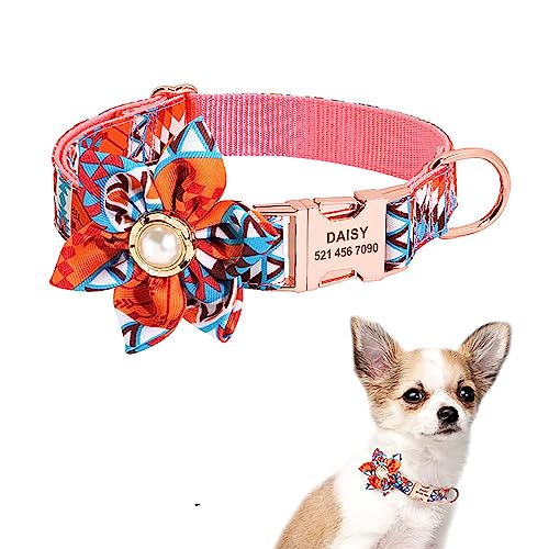 Hundehalsband für Hündinnen, verstellbares Blumenmuster mit Gravur, 4. Juli, Haustier-Halsbänder mit personalisierter Schnalle für kleine, mittelgroße und große Hunde (Orange, Größe M: 2,0 x 50 cm) von Dixacyer