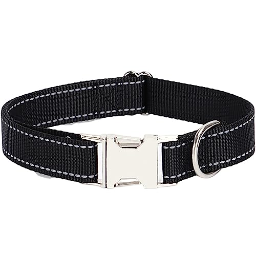 Reflektierendes Hundehalsband mit Metallschnalle, weich, atmungsaktiv, verstellbar, Nylon, Haustierhalsband, verstellbar für kleine, mittelgroße und große Hunde (schwarz, Größe M: 2,0 x 50 cm) von Dixacyer