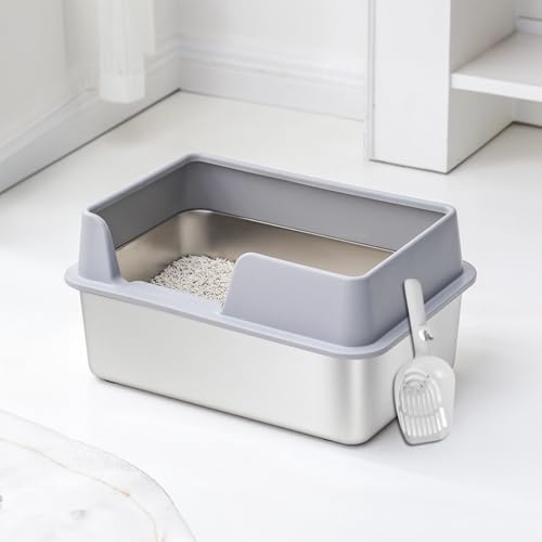 Katzentoilette aus Edelstahl, Metalltoilette mit Hohen Seiten, Leicht zu Reinigende Katzentoilette mit Schaufel, für die Meisten Katzen Sowie Kleine und Mittelgroße Haustiere, von Diyeeni