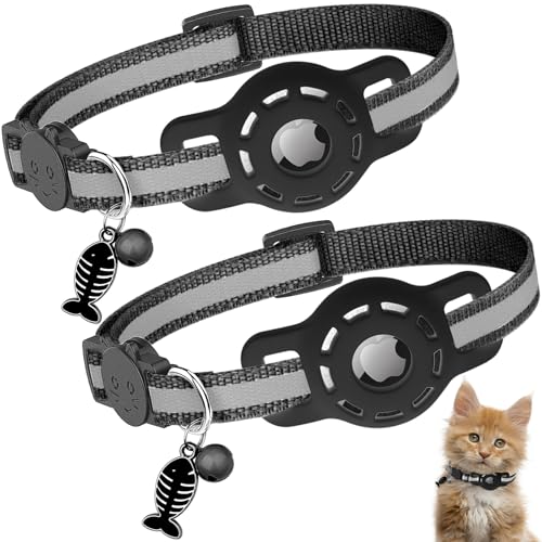 Diyife Airtag Katzenhalsband, [2er Pack] Reflektierend GPS Leichte Tracker Katzenhalsbänder mit Airtag Hülle, Schnellverschluss, Glöckchen, 20-33 cm Verstellbar für Katzen Kitten, Schwarz von Diyife