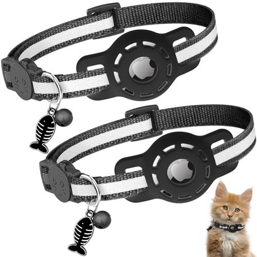 Diyife Airtag Katzenhalsband, [2er Pack] Reflektierend GPS Leichte Tracker Katzenhalsbänder mit Airtag Hülle, Schnellverschluss, Glöckchen, 20-33 cm Verstellbar für Katzen Kitten, Schwarz von Diyife
