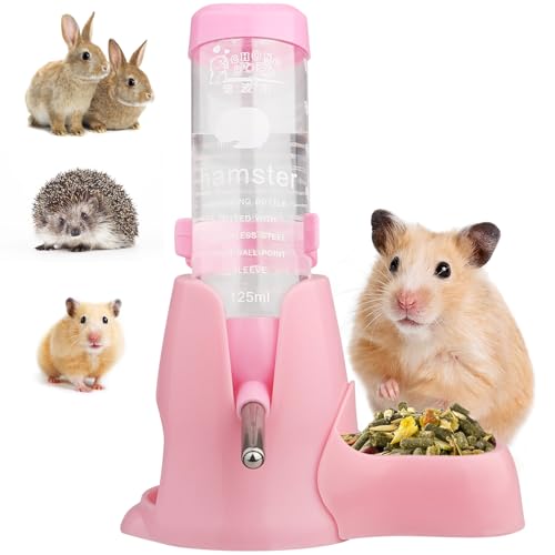 Diyife Hamster Trinkflasche, [125ML] Haustier Wasserflasche Kein Wasseraustritt, Automatischen Wassertrinken Spender + Futternapf + Bodenhöhle 3-in-1 für Häschen, Chinchilla, Igel, Eichhörnchen - Rosa von Diyife