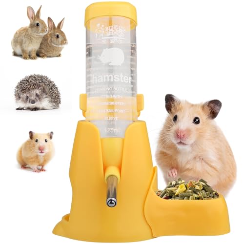 Diyife Hamster Trinkflasche, [125ML] Haustier Wasserflasche Kein Wasseraustritt, Automatischen Wassertrinken Spender + Futternapf + Bodenhöhle 3-in-1 für Häschen, Chinchilla, Igel, Eichhörnchen - Gelb von Diyife